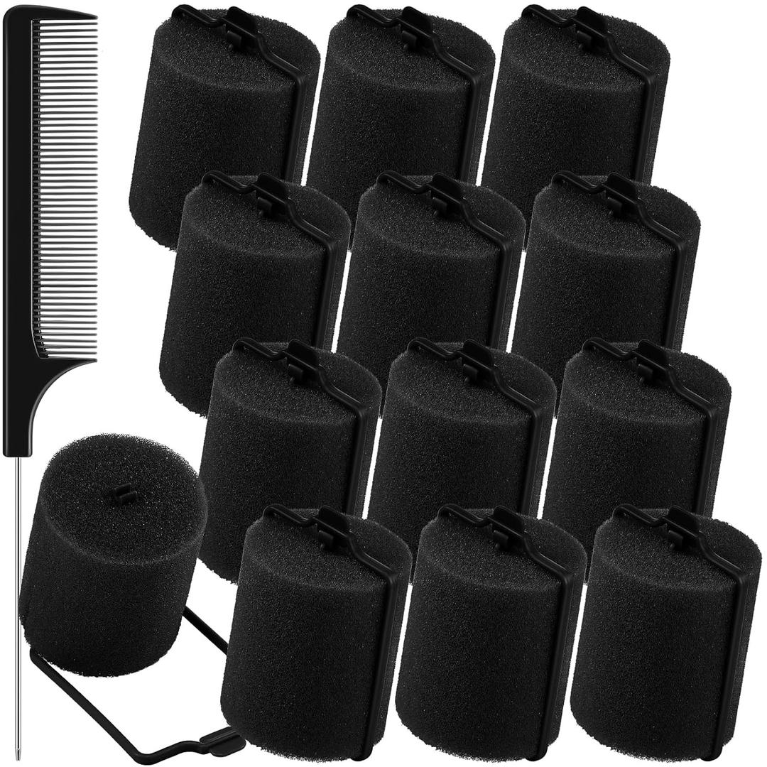 Syhood 12 Pcs Jumbo Foam Sponge Hair Rollers 1.89 Inch Soft Sleeping Curlers Flexible Large Foam Rollers and Rat Tail Comb for Hair Styling (Black)
