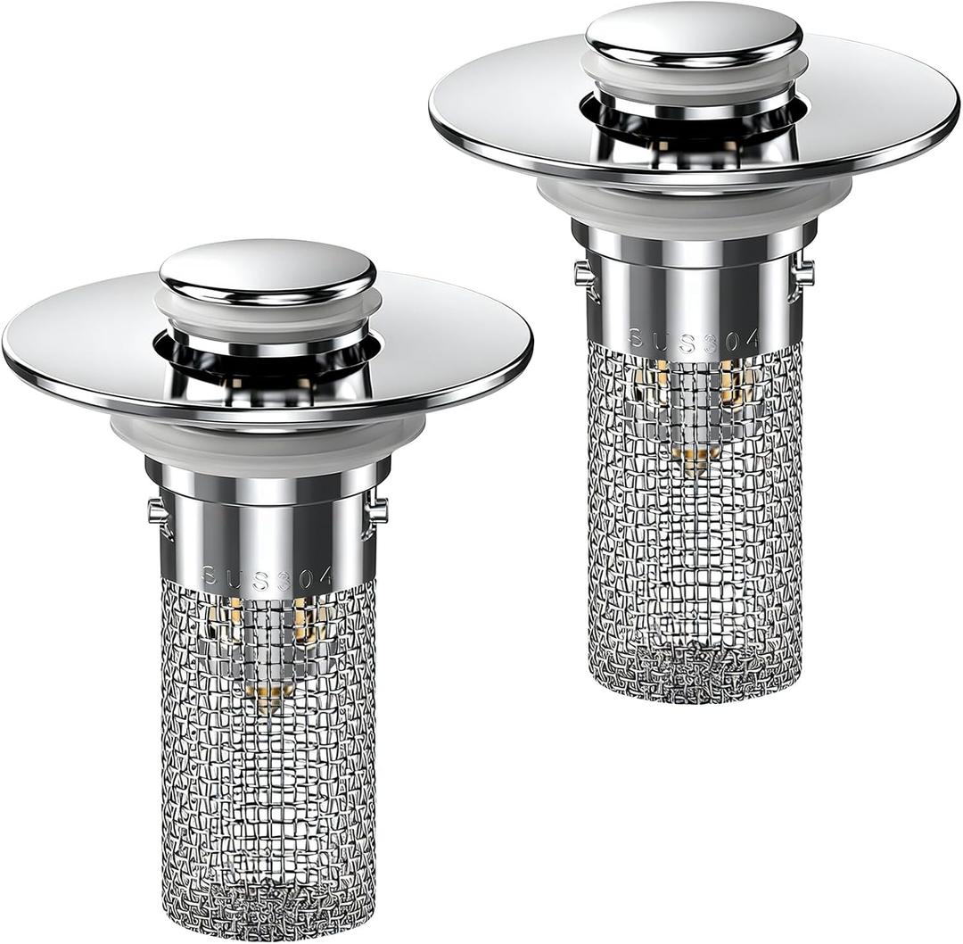 2PCS Bathroom Sink Stopper Hair Catcher, Pop Up Sink Drain Stopper with Strainer & Filter, Universal Drain Plug for Sink Drain & Replacement, Sink Drain Cover with Basket for Bathroom Stopper