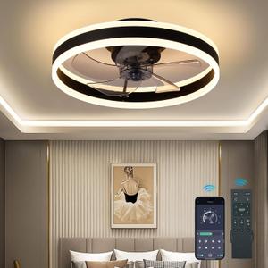Ceiling Fans with Lights and Remote - Dimmable LED (3000-6000K), 20in Modern Flush Mount Bladeless Fandelier, Low Profile Ceiling Fan Light Easy Installation for Bedroom, Kitchen, Living Room - Black