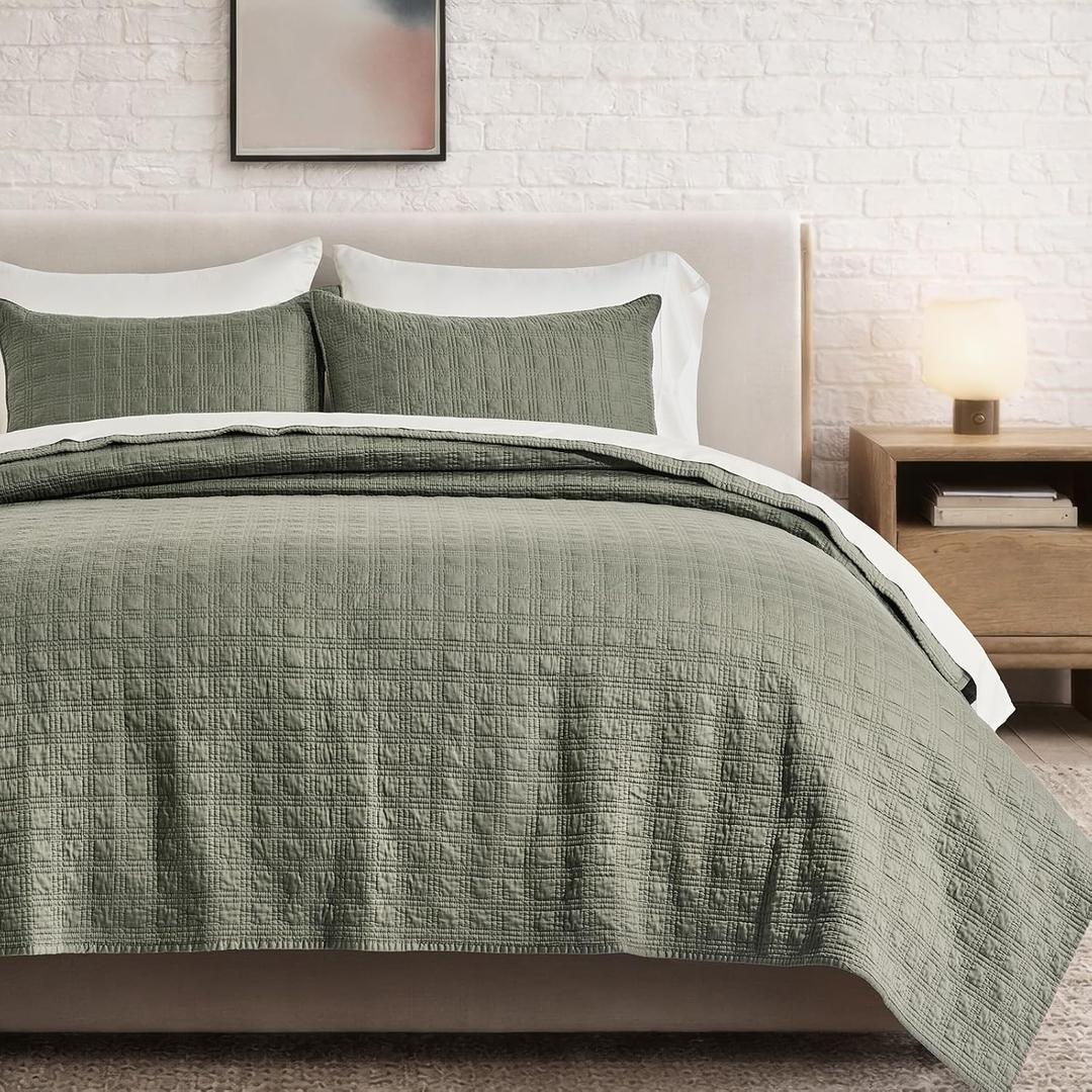 EVERGRACEHOME Windowpane Cotton Sateen Quilt Set King Size, Pre-Washed 100% Cotton Coverlet Bedspread, 3-Piece Soft Lightweight Bedding Set with 2 Shams for All Seasons, Stone Sage