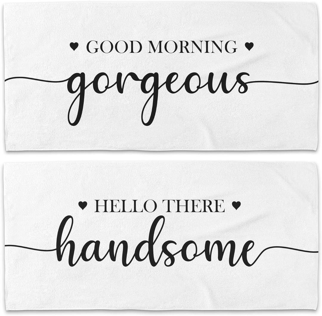 Couple Good Morning Gorgeous Hello There Handsome Beach Towel Set of 2, Honeymoon Wedding Valentines Beach Towels Gifts for Bride Groom, His and Hers Beach Towels Decor for Bathroom 30x60in (White)