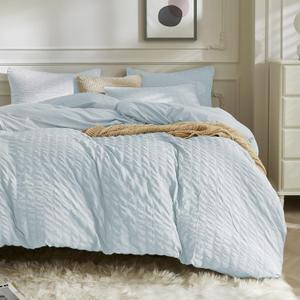 JELLYMONI Light Blue Duvet Cover Full Size, 3pcs Washed Microfiber Bedding Set, Soft Breathable Seersucker Duvet Cover Set with Zipper Closure and Corner Ties for All Seasons (Full(80"x90"))