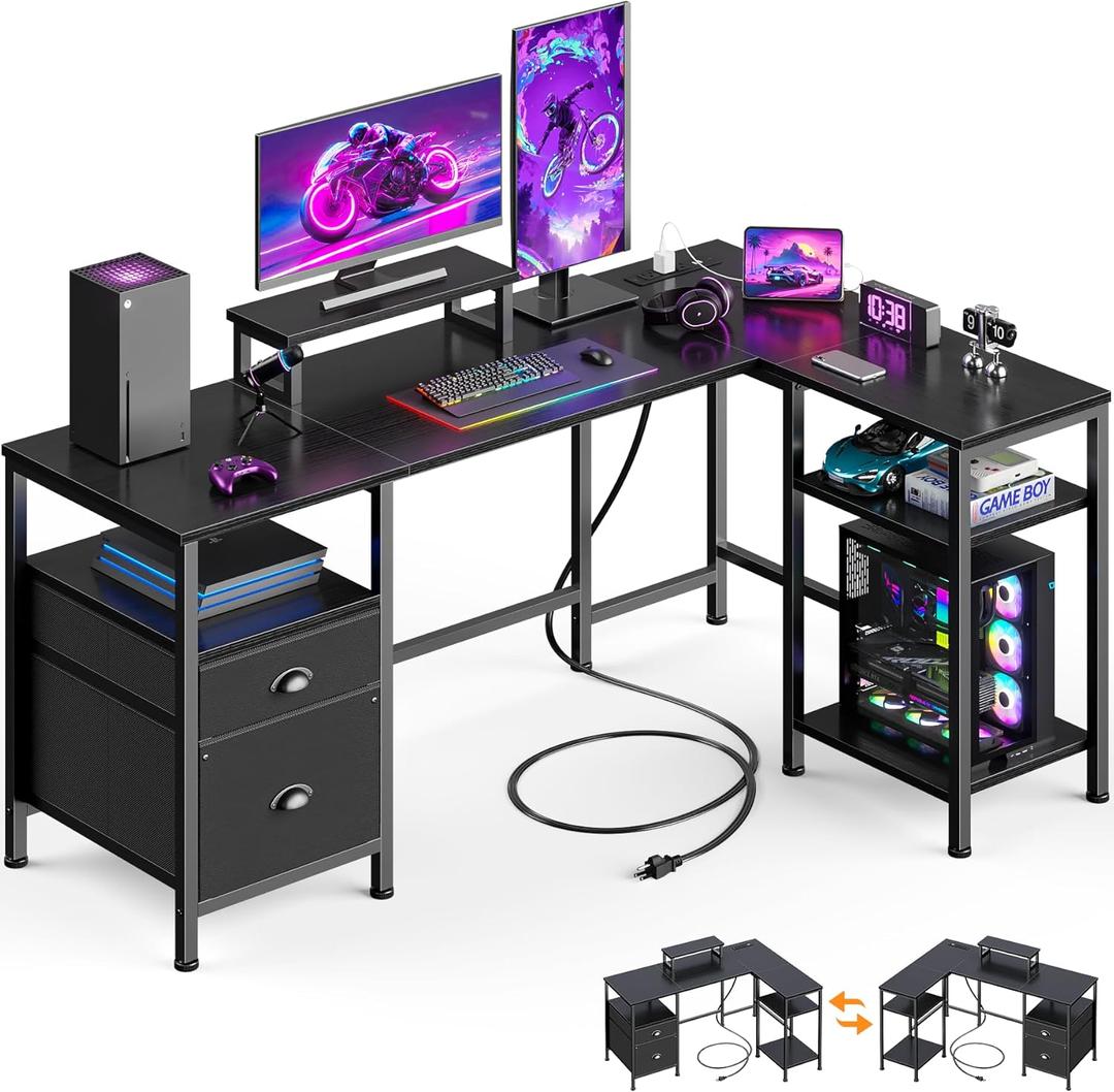 Furologee L Shaped Computer Desk with Power Outlet, Reversible Home Office Desk for Work Study, 50 Inch Corner Gaming Table with File Drawer, Monitor Stand, Storage Shelves, Black