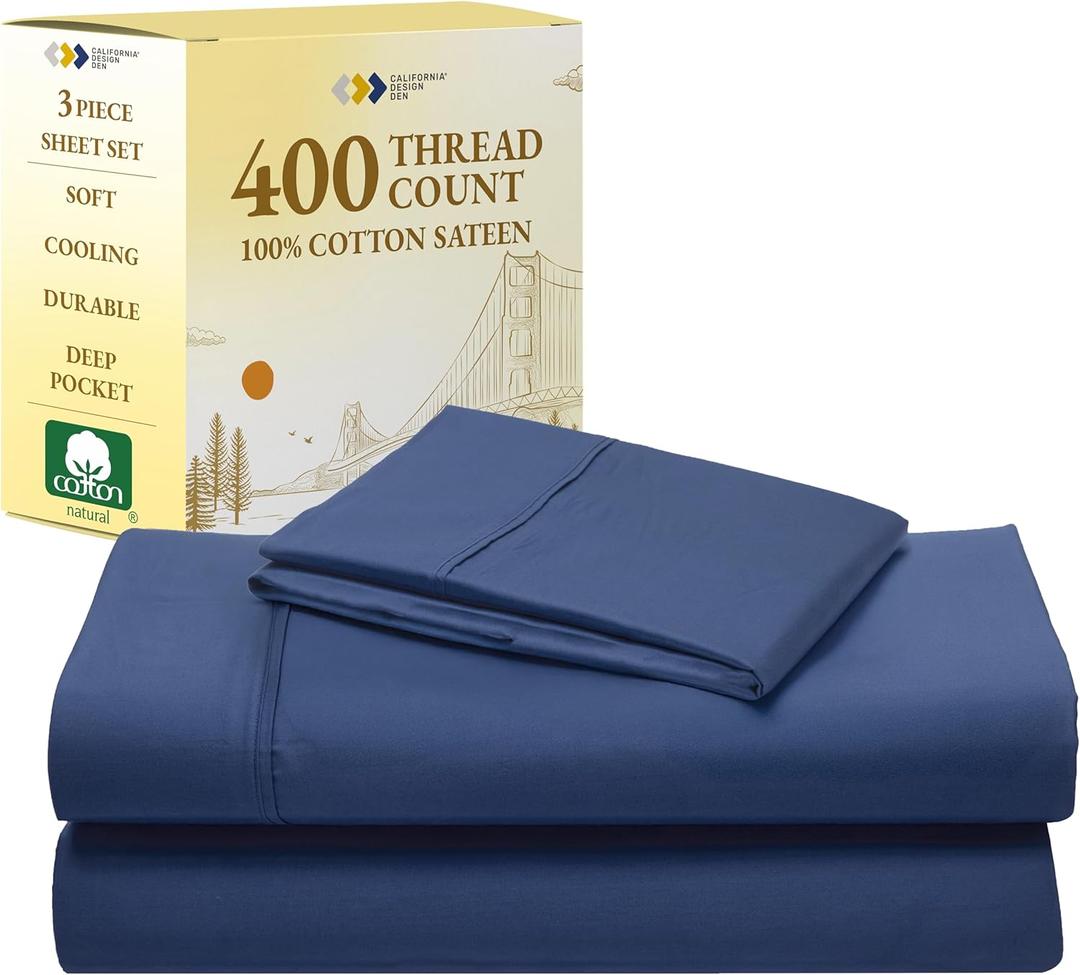 California Design Den Twin Size Sheets Set - 400 Thread Count Sateen, Natural 100% Cotton Sheets, Deep Pockets with All Around Elastic, Soft, Cool and Durable Bedding - Navy Blue
