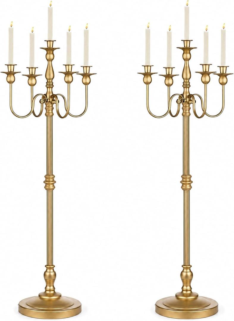 Gold Candelabra Floor Candle Holders, 2 Pack, 49 Inch Tall, 5 Arm