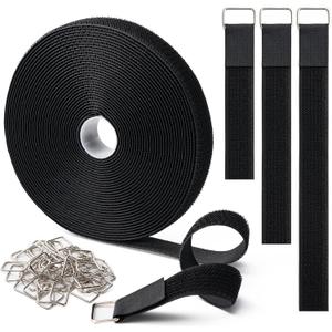 1" x16Ft Hook and Loop Straps with 25 Metal Buckles, Adjustable Fastening Cable Straps, Free Cut Length, Reusable Nylon Cable Ties for Organizer or Storage, Black