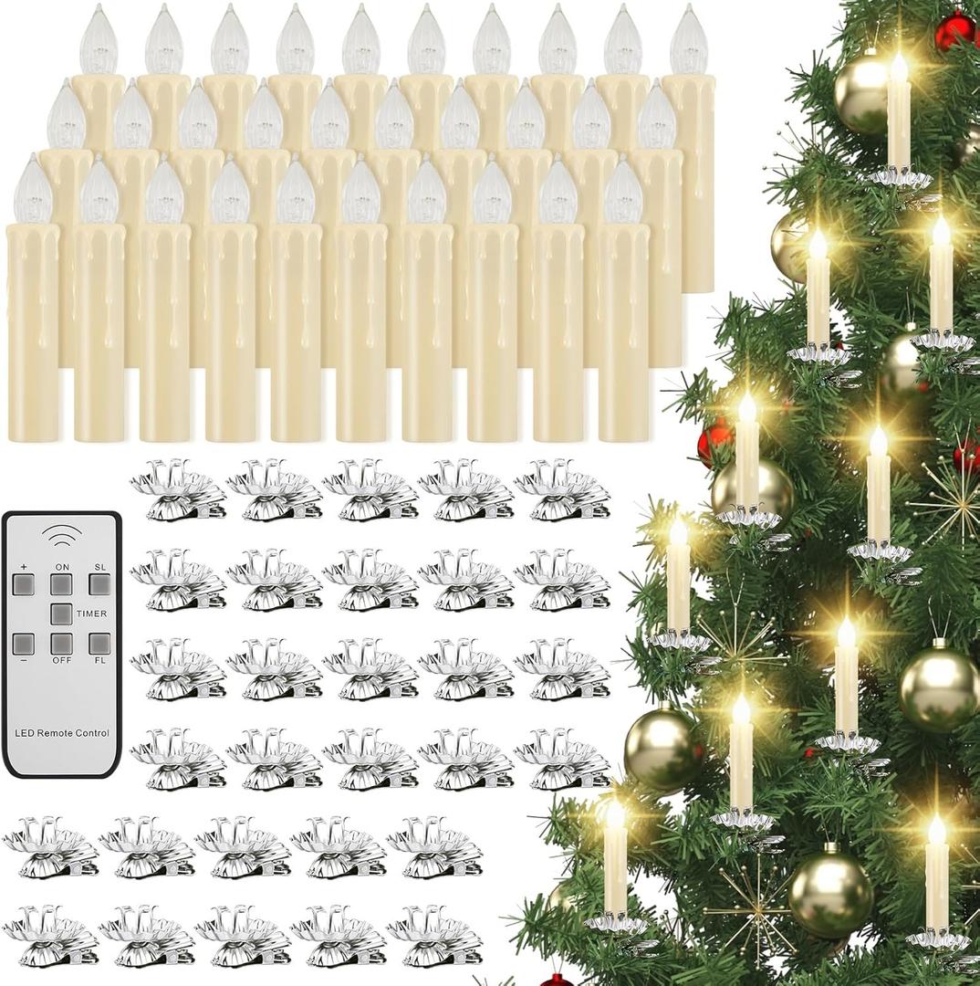 Baquler 60 Pcs LED Christmas Tree Candles Set 30 LED Taper Flameless Candles with Remote Timer and 30 Silver Flower Shape Metal Christmas Tree Holder Clip
