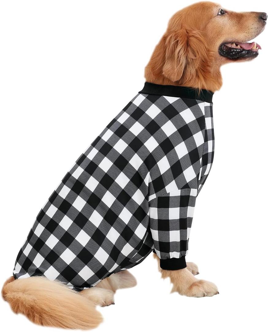 HDE Dog Pajamas One Piece Jumpsuit Lightweight Dog PJs Shirt for Dogs Black & White Buffalo Plaid - 5XL