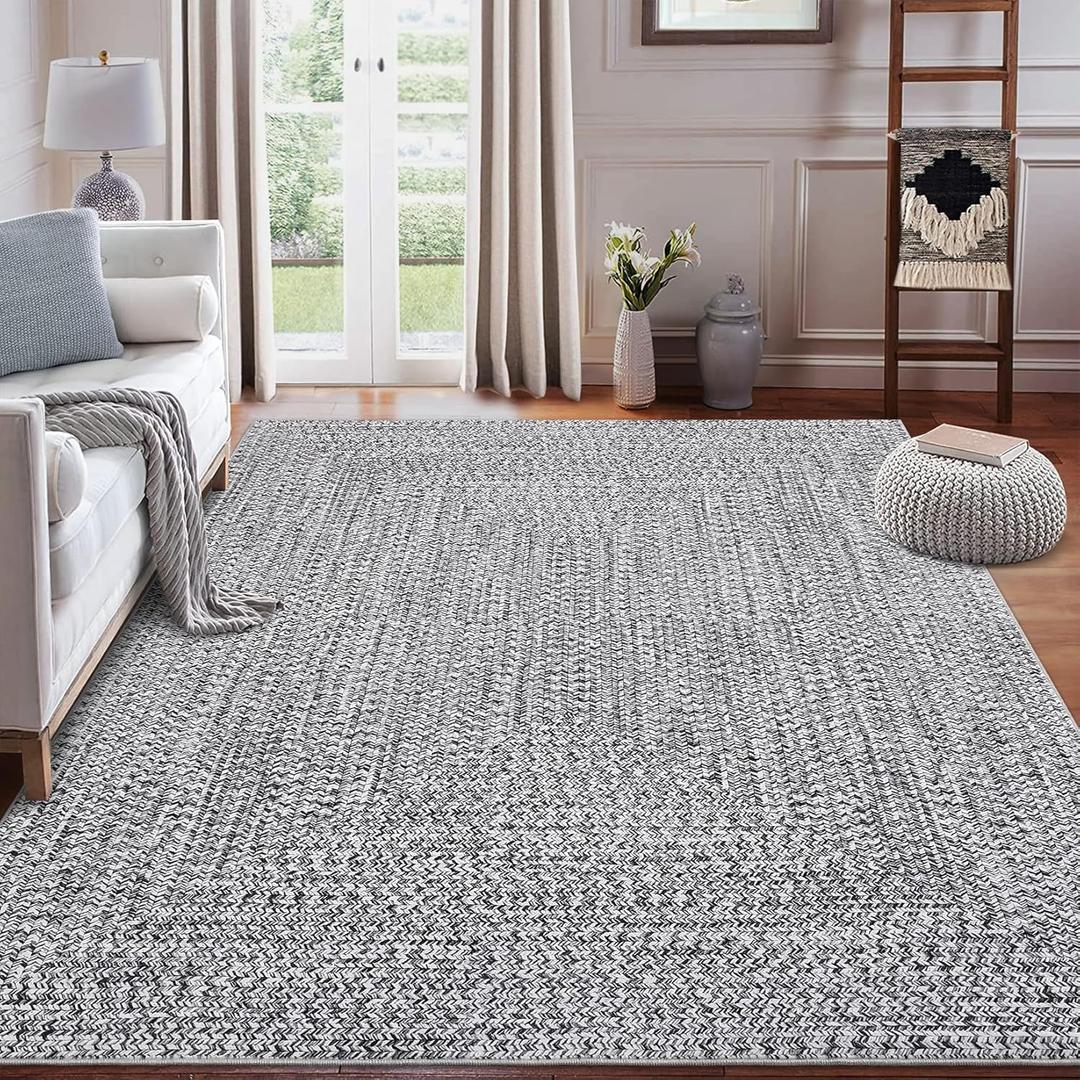 ROYHOME 8x10 Area Rug Machine Washable Rug for Living Room Print Braided Indoor Floor Cover Stain Resistant Non-Slip Farmhouse Solid Printed Textured Carpet for Home Decor, polyester (Linen)