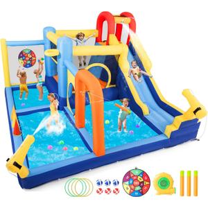 JOYLDIAS Inflatable Water Slide,Water Park Bounce House,Slide Bouncer Castle Playhouse w/Splash Pool, Climbing Wall, TrampolineFelt Ball Target, Ring Toss Game for Kids Outdoor Fun, 550W Air Blower, Multicolor
