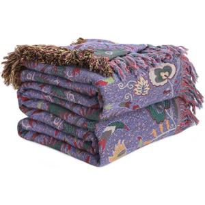 Boho Throw Blanket for Bed 100% Cotton Soft Lightweight Quilt Home Decor Purple Spring Bed Blanket,Floral Embroidery Reversible All Season Breathable Twin Throws for Sofa Couch Chair 60"x80"
