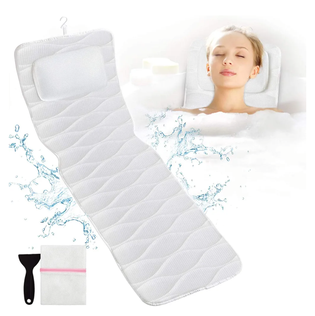 OMYSTYLE Full Body Bath Pillow, Bath Pillows for tub with Mesh Washing Bag & 21 Non-Slip Suction Cups, Spa Bathtub for Head Neck Shoulder and Back Support - 5D Air Mesh & Quick Drying
