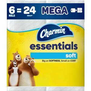 Charmin Essentials Soft Toilet Paper 6 Mega Rolls, 330 sheets per roll