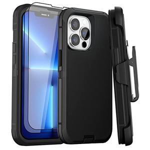 GYJ Case for iPhone 13 Pro Case 6.1" Belt-Clip Holster Kickstand with 2 Screen Protector, Full Body Heavy Duty Military Grade Drop Protection Cover (Black+Clip)