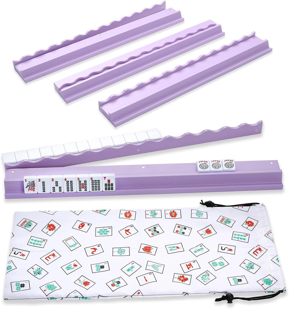 4PCS Mahjong Racks with Pushers, Purple Wooden American Mahjong Tile Pushers and Racks Set of 4, with White Printed Mahjong Racks Drawstring Bag, Mahjong Accessories (19.68 Inches), 19.68" L x 2.55" W x 1.06" H