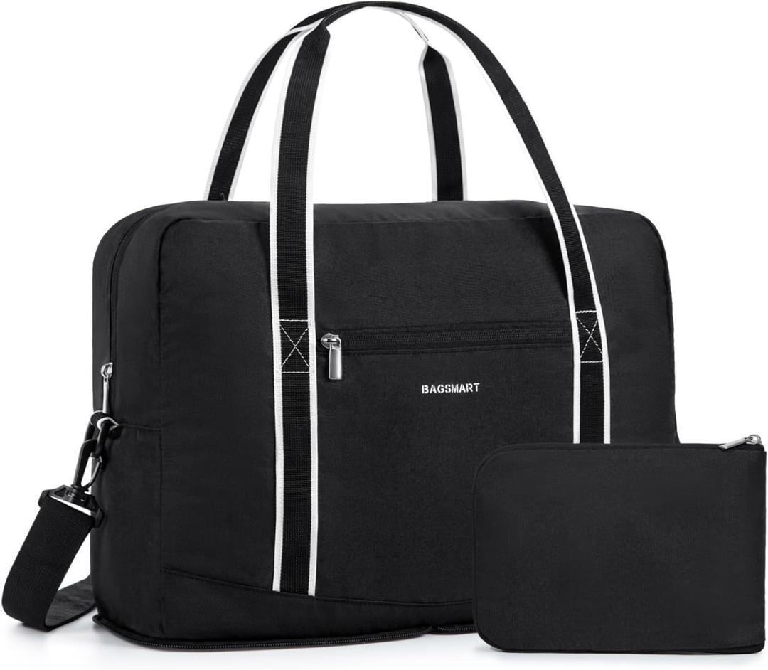 BAGSMART For Spirit Airlines Personal Item Bag 18x14x8, Foldable Travel Duffel Bag Tote Weekend Overnight Bag Carry on Luggage for Women and Men(Black) (Medium)