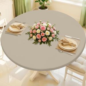 Round Spandex Tablecloth, Elastic Fitted Waterproof Tablecloths for 42"-50" Tables, Stretch Washable Picnic Table Cover for Camping, Dining, Indoor and Outdoor, Taupe