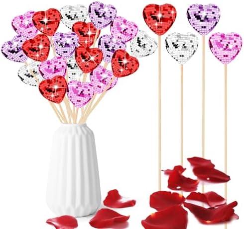 YLOLUL 24 Pcs Valentine's Day Heart Shaped Picks Valentine Glitter Foam Hearts Stems Heart Shaped Disco Balls Mirror Heart Disco Picks for Valentine Wedding Cake Vase Filler Party Supplies