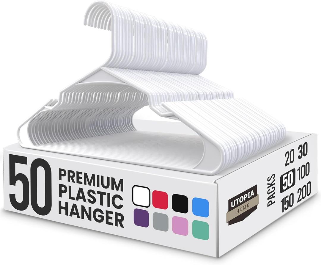 Utopia Home - Plastic Hangers 50 Pack - Space Saving Clothes Hanger - Durable and Strong Closet Organizers and Storage Makes It Ideal Stocking Stuffers or Apartment or Dorm Room Essentials (White)