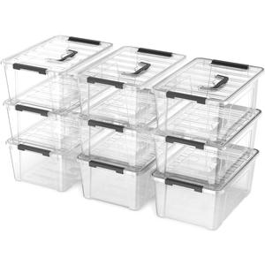 Clear 9-Pack Plastic Storage Bins with Lids, 6 Quart Stackable Containers Organization with Latch Buckle