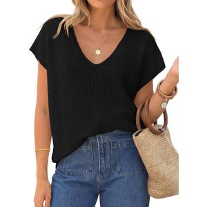 ZESICA Summer Short Sleeve Sweaters for Women 2026 Casual V Neck Oversized Sweater Vest Lightweight Knit Pullover Tops (Black, S)