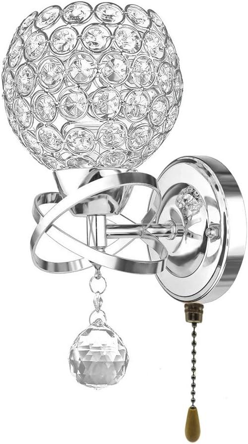Modern Crystal Wall Light Pendent Lamp Chrome Finish Bedroom Sconce Lighting Fixture with Pull Cord Switch, E14 Socket (Spherical) (Silver)