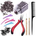 Duufin Hair Extensions Kit 500 Pcs Brown Micro Ring Beads 1 Micro Beads Plier 2 Hook Needle Pulling Loop 4 Plastic Alligator Hair Clips 1 Comb and 2 Bags Black Mini Rubber Hair Elastic