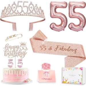 55th Birthday Decorations for Women, 55th Birthday Sash and Crown, Cake Topper, Number Candles and Balloons,, 55 Year Old Gifts for Women