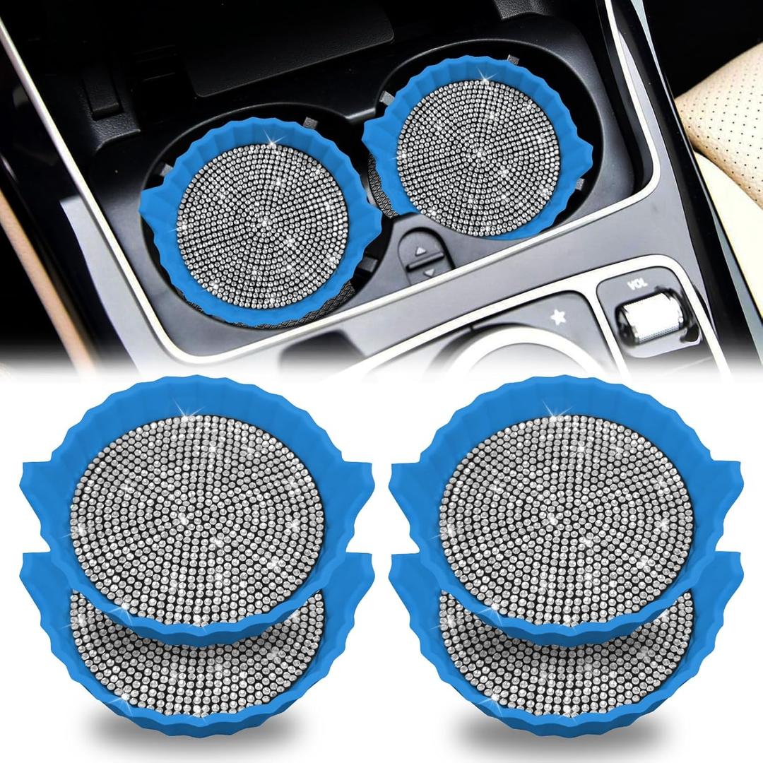 7 x Bling Car Cup Holder Coaster,Non-Slip Sparkly Crystal Rhinestone Car Cup Holder Coasters,Non-Slip Durable Car Coasters,Universal Car Cup Holder Insert(Dark Blue Whole Rhinestone, 4 Pack)
