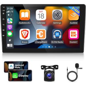 2G+32G] 10.1 inch Android 11 Double Din Car Stereo with Wireless/Wired CarPlay and Android Auto, Touch Screen Android Radio with Mirror Link/1080P/EQ/WiFi/SWC/Bluetooth +AHD Backup Camera+MIC