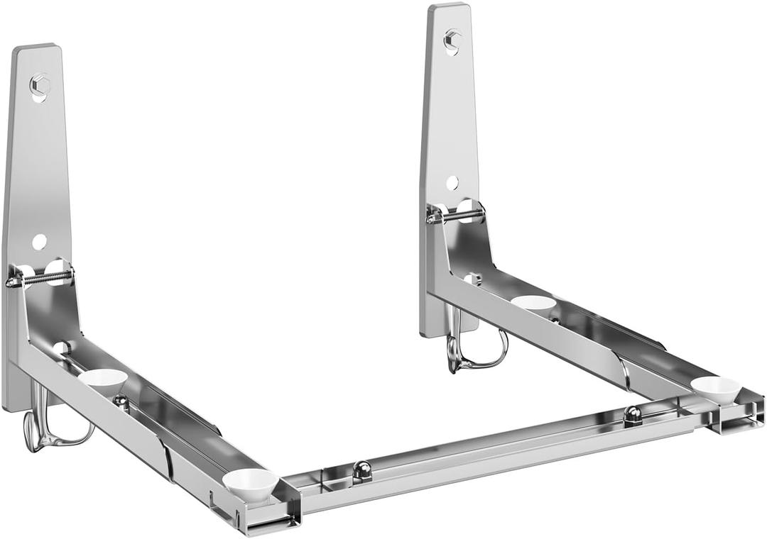 EsLuker.ly Universal Stainless Steel Microwave Oven Wall Mount Bracket with Removable Hooks, Arm Adjustable Foldable Kitchen Stretch Oven Stand Shelf Rack Load 100 lb