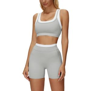 ABOCIW Womens Layerd Workout Sets Square Neck Sports Bra Tummy Control High Waist Biker Shorts Yoga Pilates Outfits, 8-10