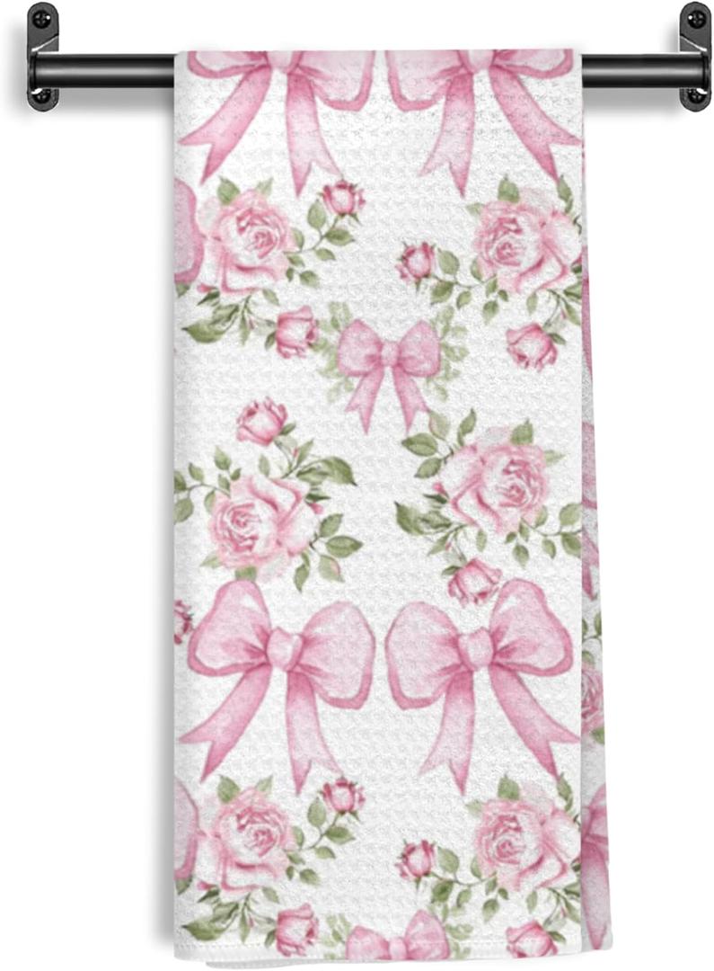 Coquette Pink Bow Floral Kitchen Towels, Preppy Pink Floral Hand Towels for Bathroom Kitchen Decorative, Shabby Chic Cottagecore Flower Dish Tea Towels Drying Cloth, 16x24 Inch