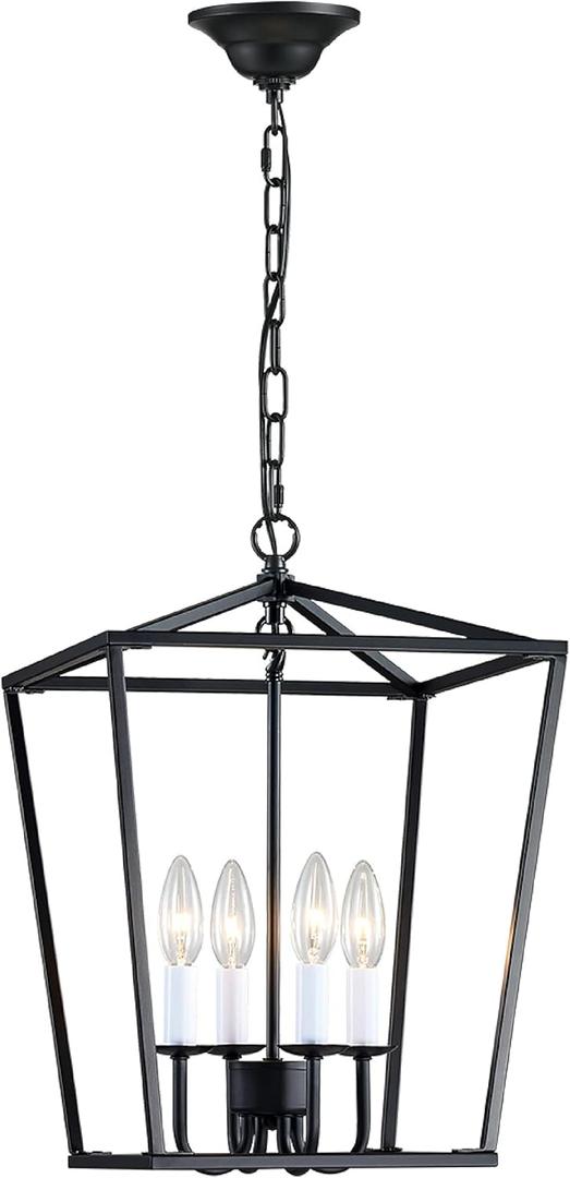 4-Light Chandelier, Farmhouse Black Chandelier for Kitchen Dining Room Light Fixture Lantern Pendant Ceiling Light, Rustic Chandelier with Metal Cage Hanging Lights for Living Room Bedroom Entryway (CL-025-black)