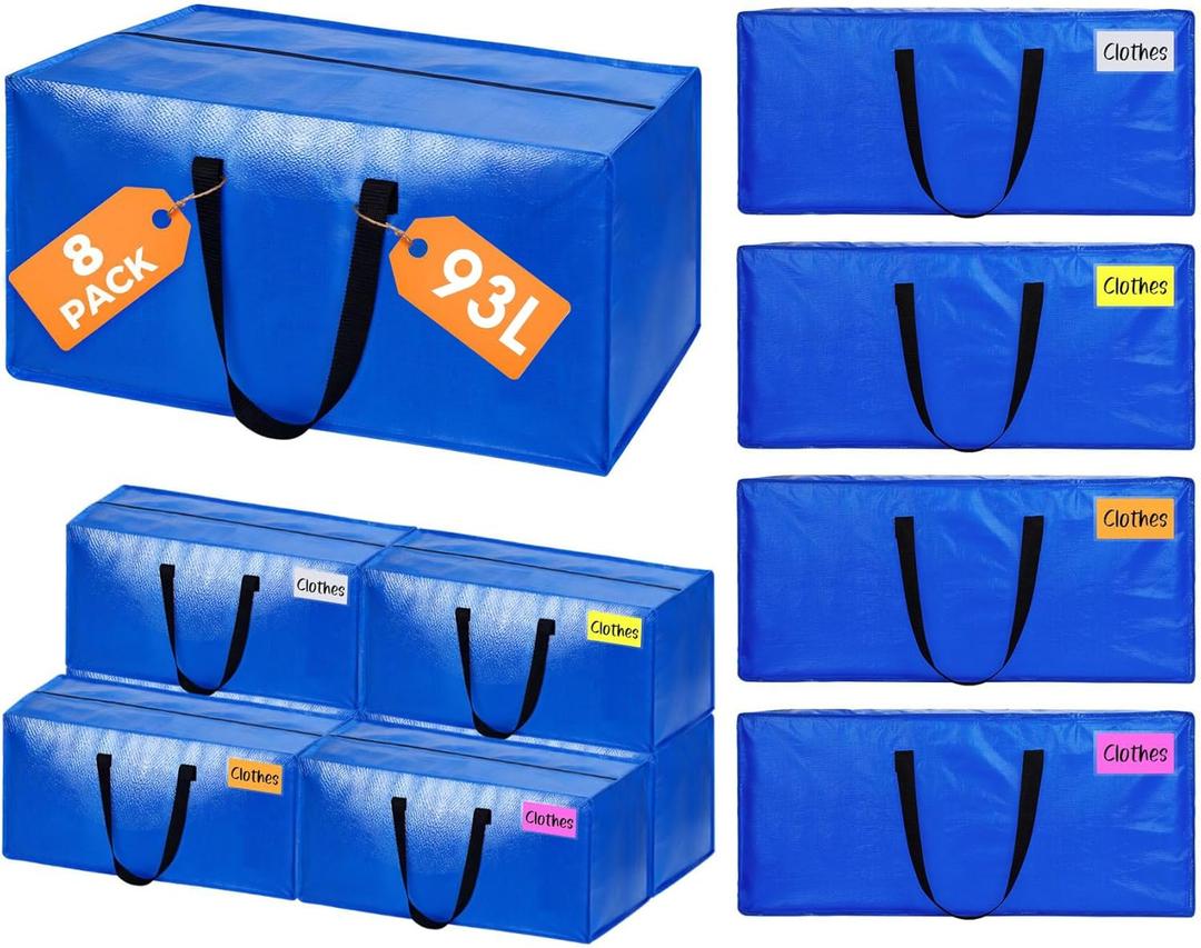 8 Pack Extra Large Moving Bags, Heavy Duty Clothes Storage Totes Bags with ColorNote & Handles, Moving Boxes Alternative Packing Bags for Space Saving
