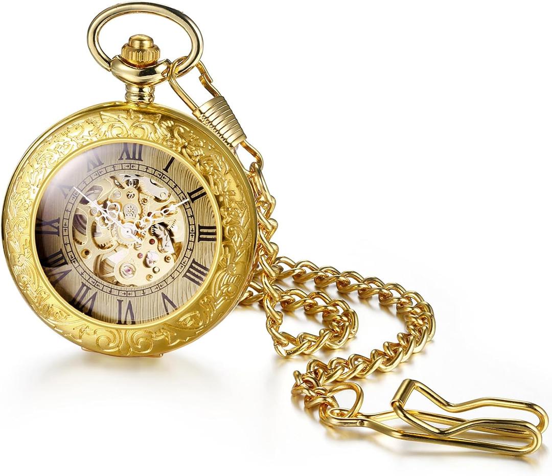 OIDEA Automatic Mechanical Pocket Watch: Gold Tone Carving Flower Skeleton Roman Numerals Round Dial Pocket Watch with Chain Hanging Sweater Clock Necklace Gifts for Men Women