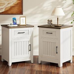 Decofy Farmhouse Nightstand with Charging Station, Set of 2 Modern End Tables with Large Storage and One Drawers, Outlets, USB Ports & Type-C Ports, Easy Assembly for Bedroom (Pure White + Walnut)