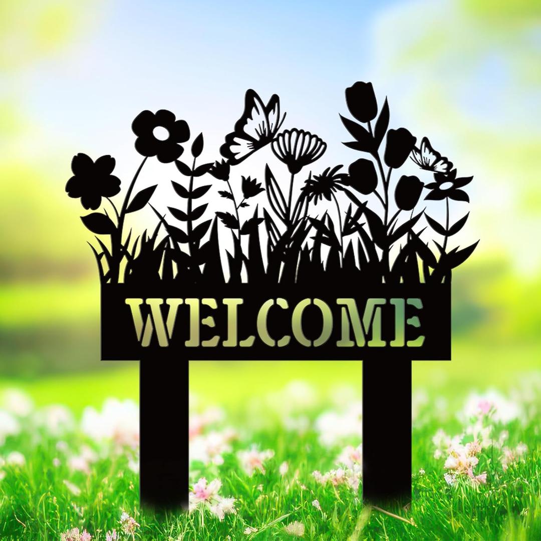 FYSUIMU Welcome Metal Yard Sign Spring Wildflower Silhouette Black Garden Stake Decorative Rustic Lawn Sign for Home Outside Lawn Porch Walkway Decor, Small to Medium