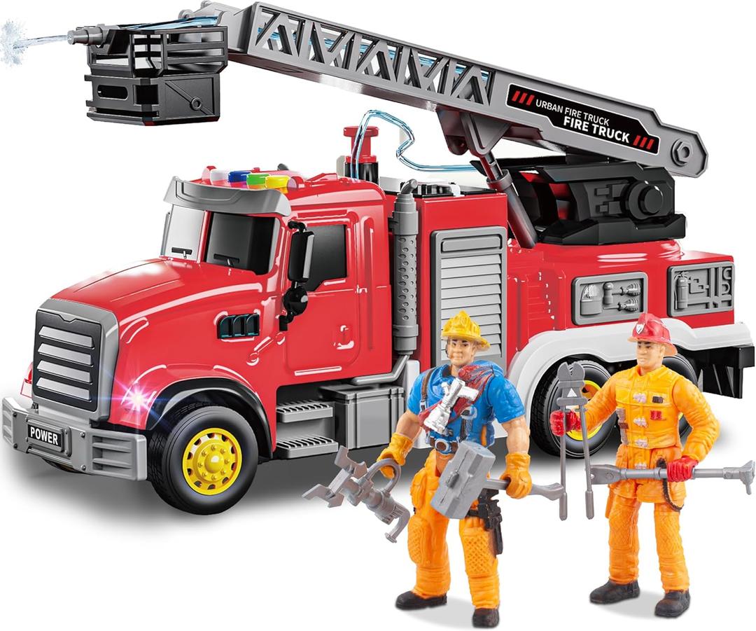 Fire Truck Toy with Sound & Light - 2pcs Firefighter & Water Sprinkler with Water Tank - Friction Powered Toy for Toddlers 3-5