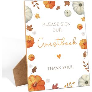 Little Pumpkin Baby Shower Table Decorations, Please Sign Our Guestbook Sign, 5.6x 7.8 Inch Fall Wooden Tabletop Signs with Stand, Fall Wedding Engagement Gender Reveal Birthday Party Decor