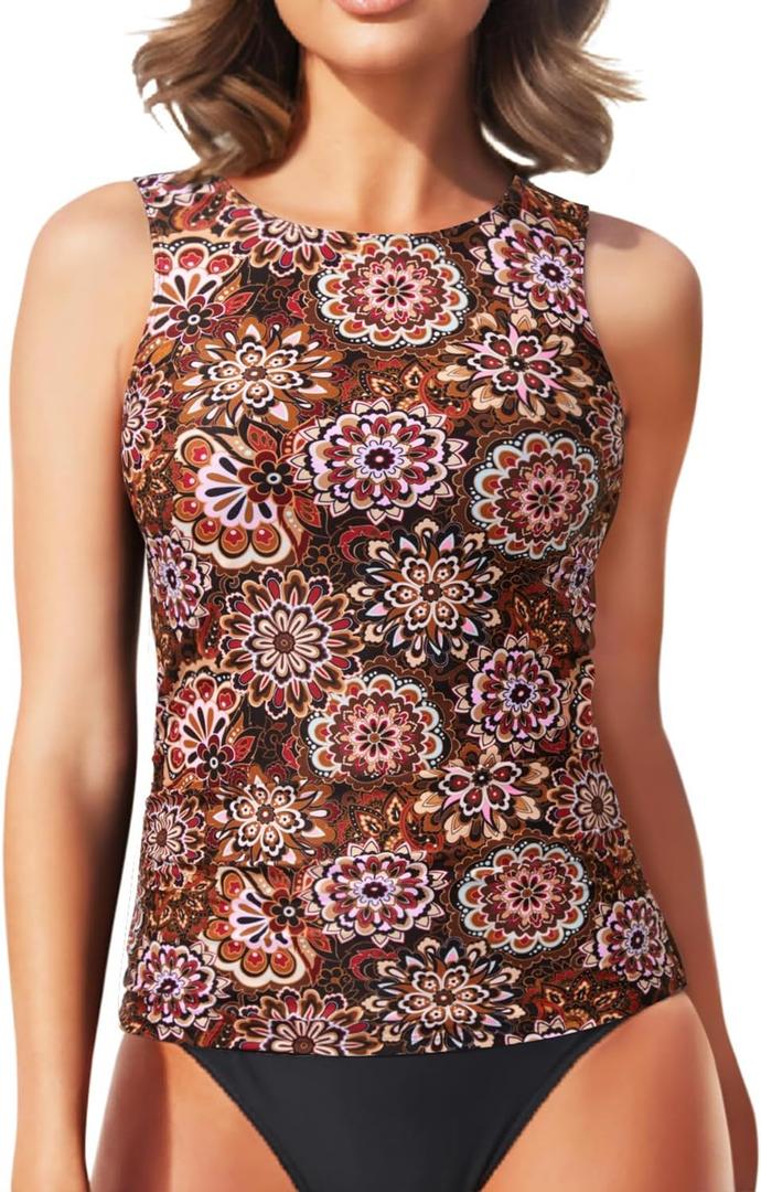 Daci Tankini Tops for Women High Neck Swim Top Tummy Control Bathing Suit Top Modest Swim Tank Top No Bottom (XX-Large, Brown Mandala)