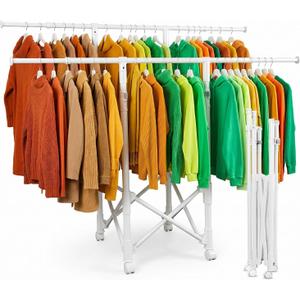 Clothes Rack, Rolling Clothes Drying Rack for Hanging Clothes Portable Foldable Laundry Rack for Air Drying Clothing Double Rods, Metal Garment Racks 21.7"*56.7"*60.6", White