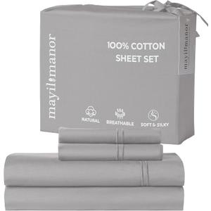 100% Natural Cotton Bed Sheets | 500 TC Single-Ply Sateen Weave King Size Sheets Set | Breathable & Hypoallergenic Solid 4-Piece Bedding with Deep Pocket Fitted, Flat, Pillowcase | Grey