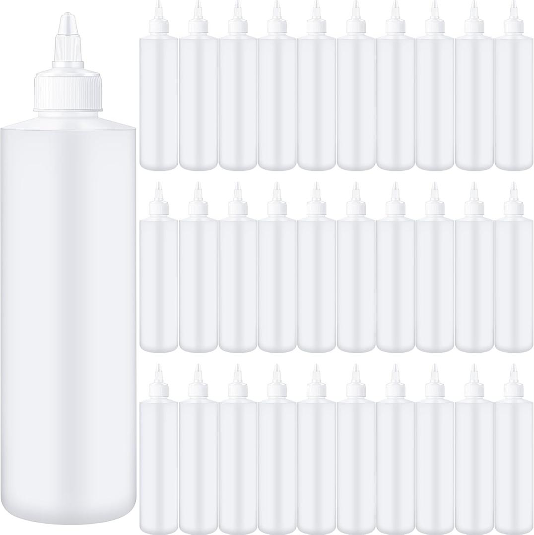 Irenare 30 Pack Plastic Condiment Squeeze Bottles for Sauces Empty Squirt Bottle with Top Cap for Condiment BBQ, Dressing, Paint, Workshop, Crafts(White,16 oz)