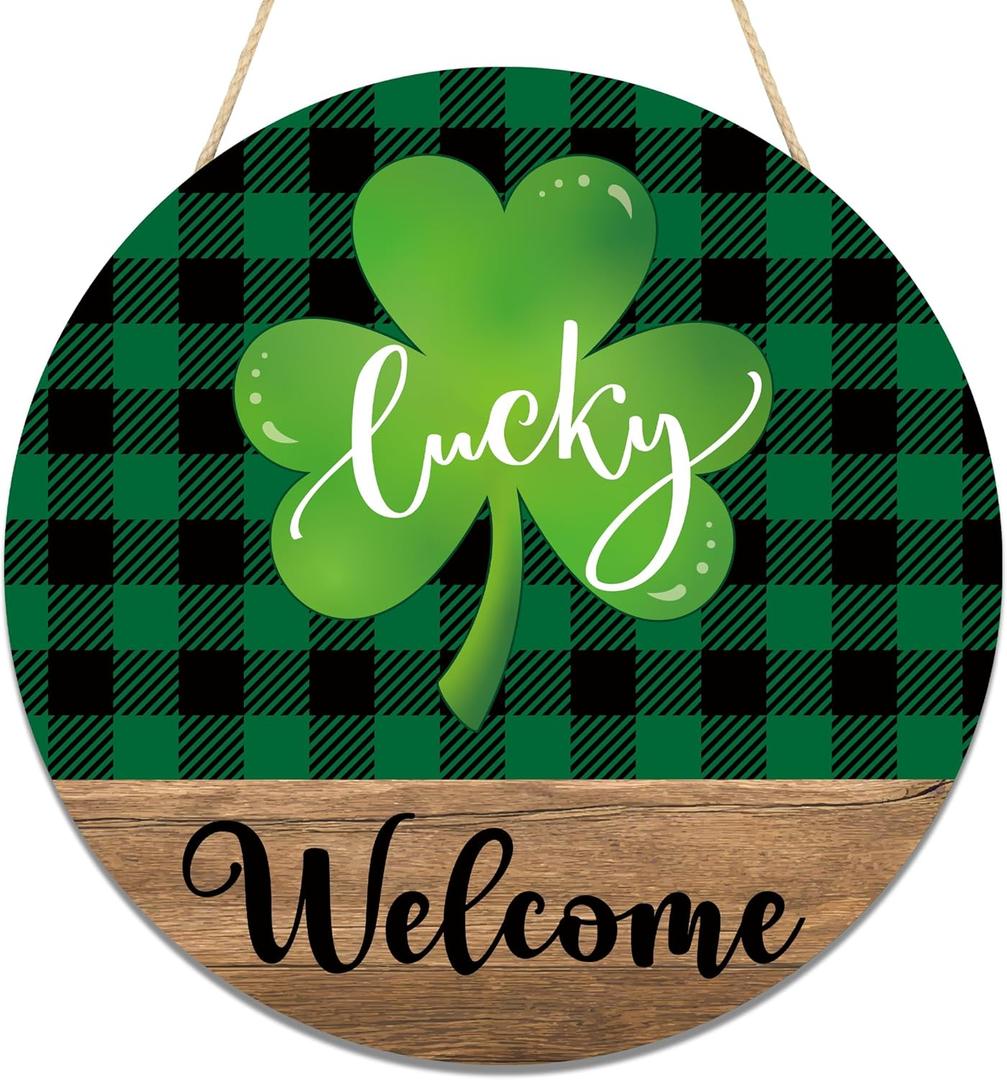 St. Patrick's Day Shamrock Door Sign Lucky Shamrock Wooden Door Wreath for Front Doors Green Irish Clover Welcome Hanging Signs for Spring Holiday Party Home Wall Hanger Farmhouse Indoor Outdoor Decor