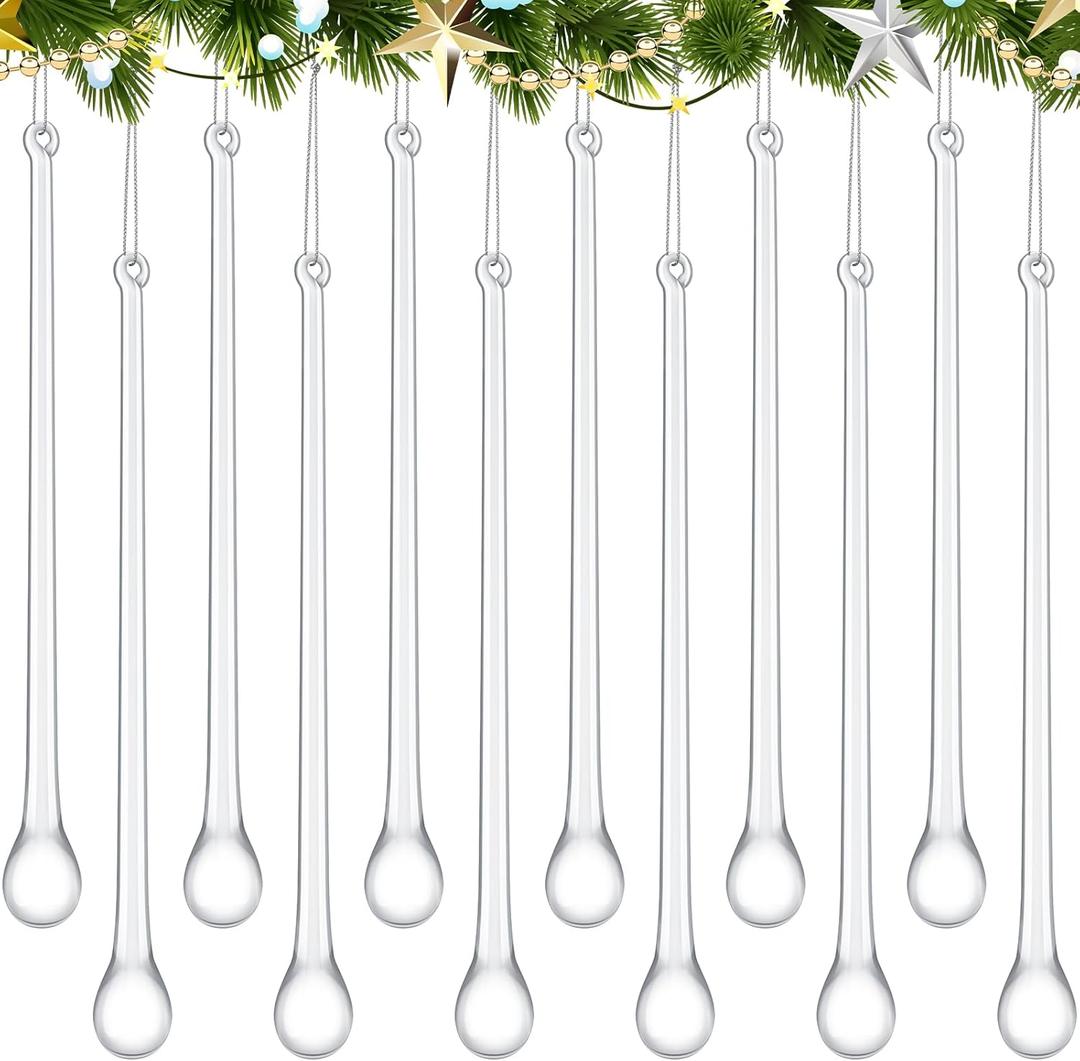 24 Pcs Glass Icicles Christmas Ornaments 9.45'' x 0.98'' Extra Long Clear Teardrop Christmas Chandelier Decorations Crystal Hanging Ornaments Glass Raindrops for Xmas Tree Decor Party