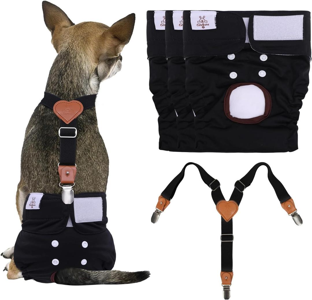 CuteBone Dog Diapers Female 3 Pack Reusable Doggy Diapers with One Suspender for Small Medium Large Dog Period BDD03S