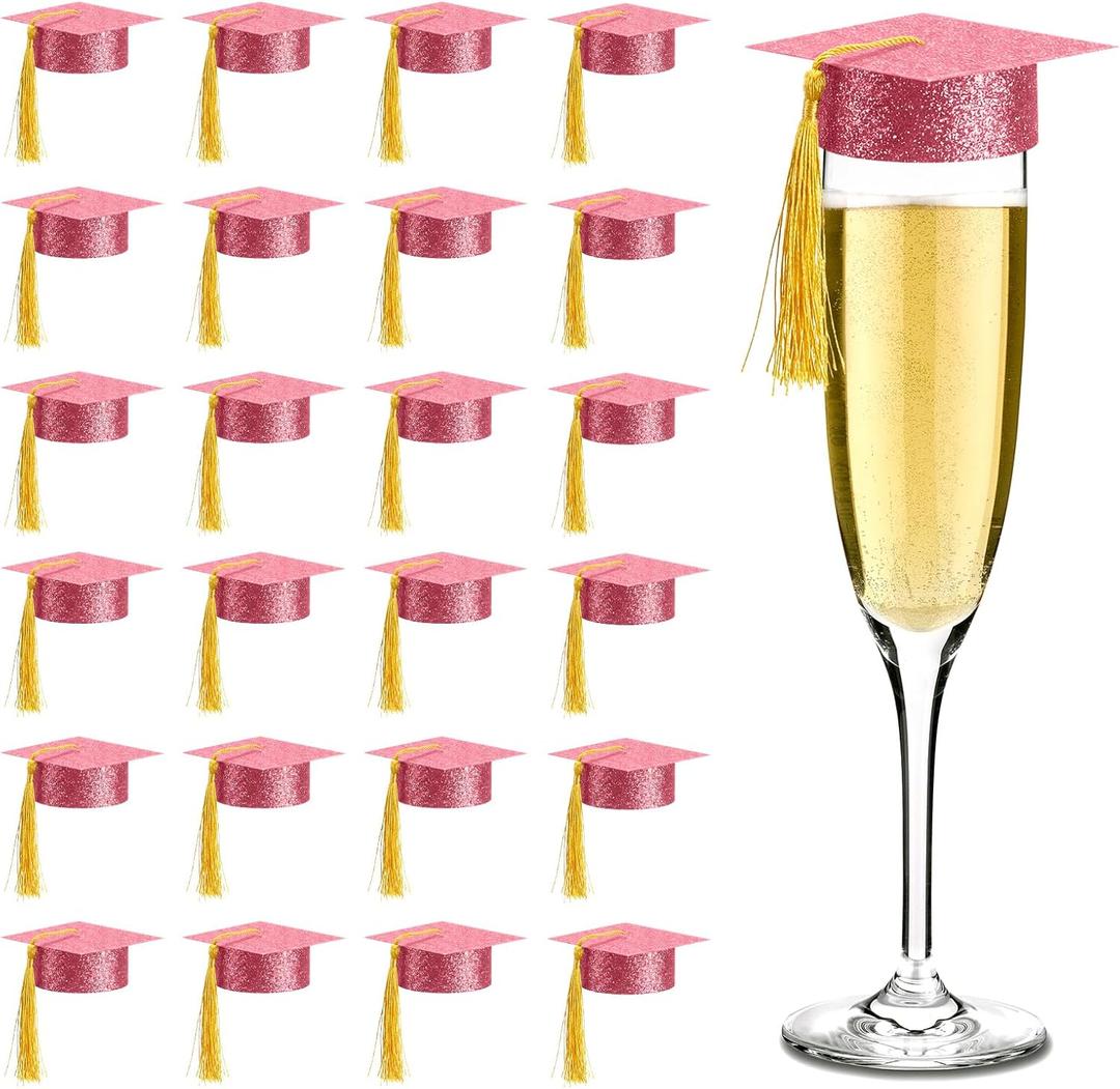 MotiMind 60 Pcs 2026 Mini Graduation Cap with Tassels Small Grad Hat Drink Topper Decoration for Champagne Flutes Wine Glasses or Cupcake for Grad Prom Party Push Pops Supplies(Pink)