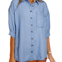 Astylish Women 2025 Denim Shirt Summer Oversized Short Sleeve V Neck Button Down Chambray Blouse Top with Pocket M