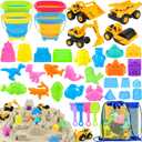 FHOZGECY Beach Toys, Sand Toys for Kids Boys and Girls with 4 Beach Construction Vehicles, 4 Collapsible Bucket, Sand Castle Building Kit, Sand Molds, Mesh Bag, Outdoor Toys for Kids Ages 4-8